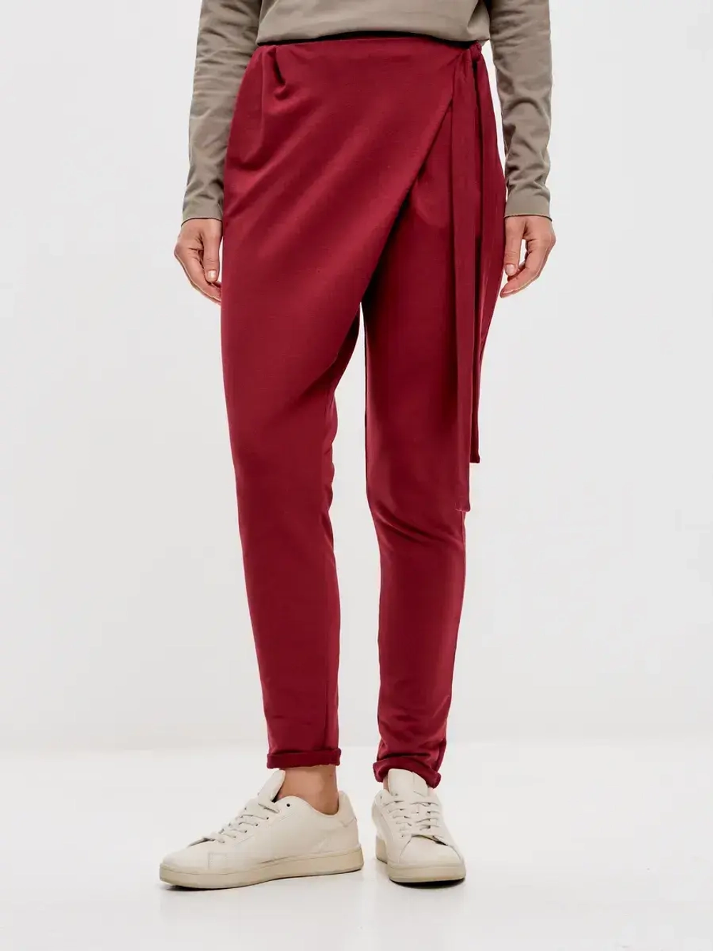 Штаны оверсайз на завязках с запахом большие размеры винный