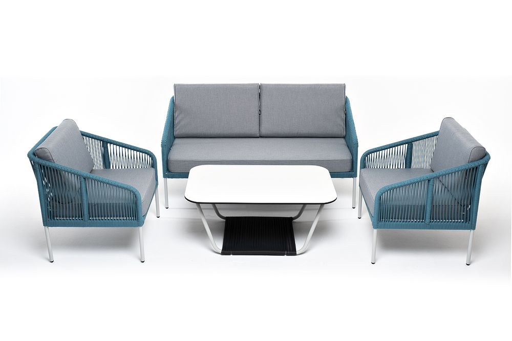 "Канны" лаунж-зона 4-местная из роупа со столом "Гранада" (молочный), каркас алюминиевый светло-серый, роуп бирюзовый