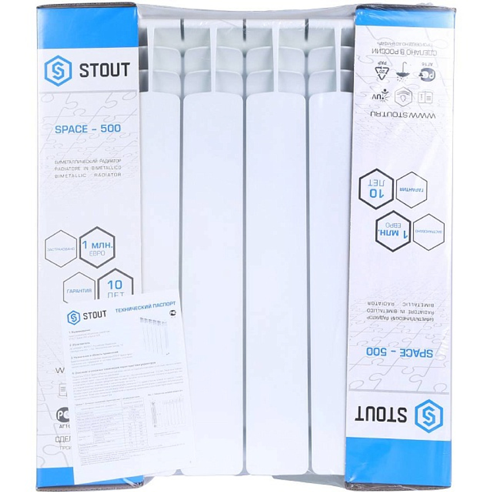 Радиатор биметаллический STOUT Space 500 - 6 секций (подключение нижнее правое, цвет белый)