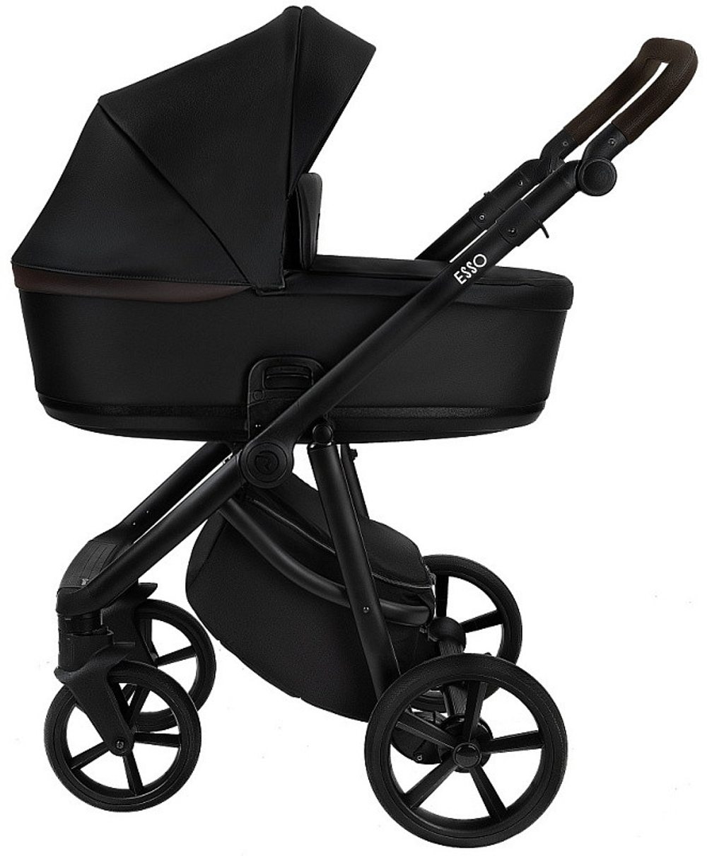 Детская коляска Roan Esso Кожа 3 в 1 с автокреслом Tutis Elo Lux EduSky Black ESSK/210/1 Black /Black/руч.Тем.коричневый