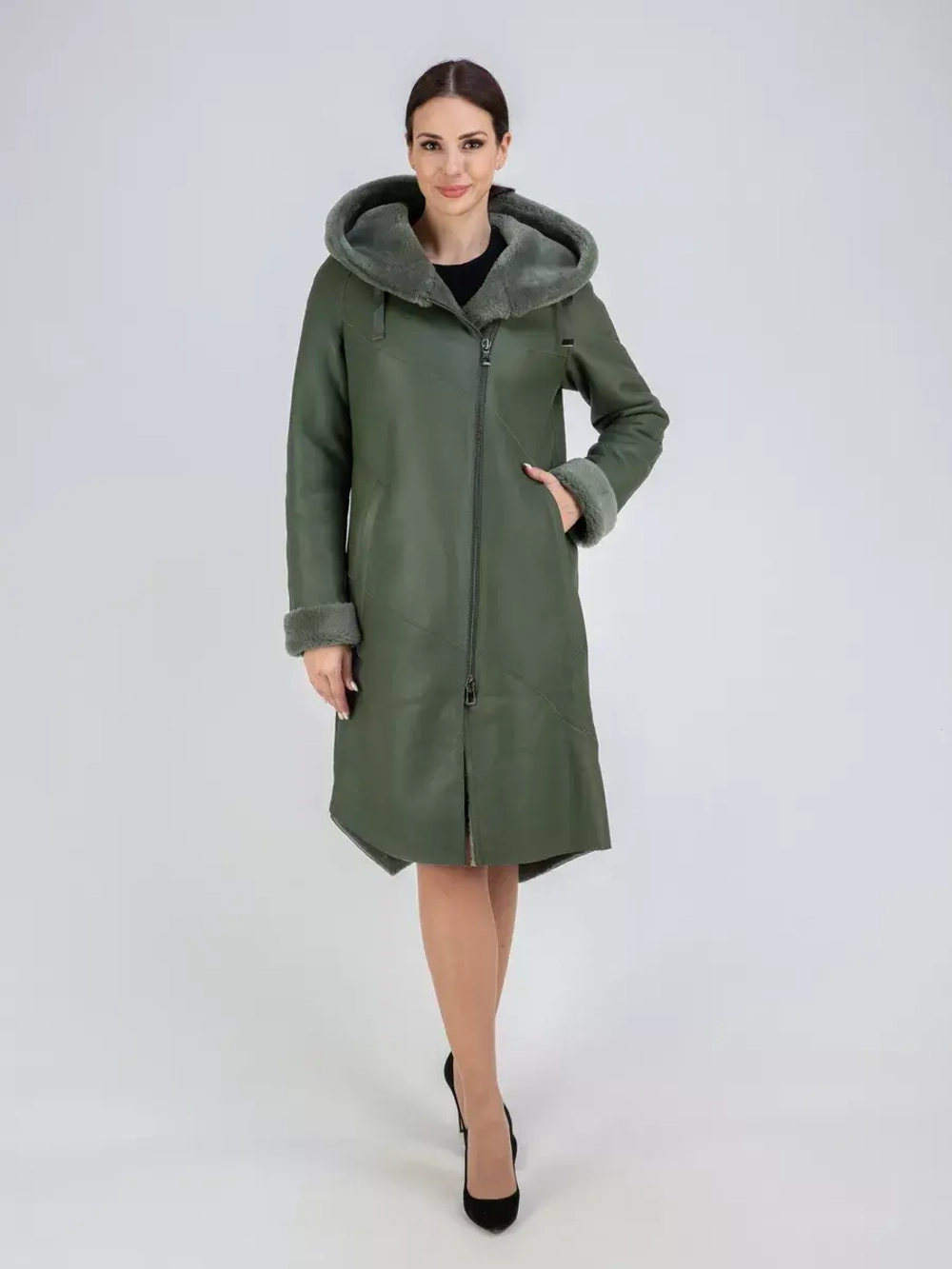 Дубленка зима натуральная удлиненная с капюшоном