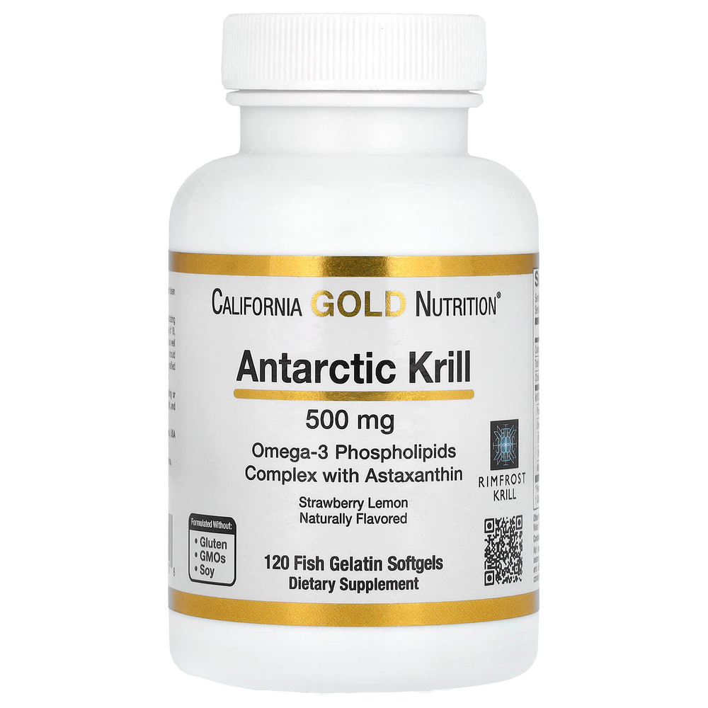 California Gold Nutrition, Масло антарктического криля, комплекс фосфолипидов омега-3 с астаксантином, натуральной клубникой и лимоном, 500 мг, 120 мягких капсул с рыбьим желатином