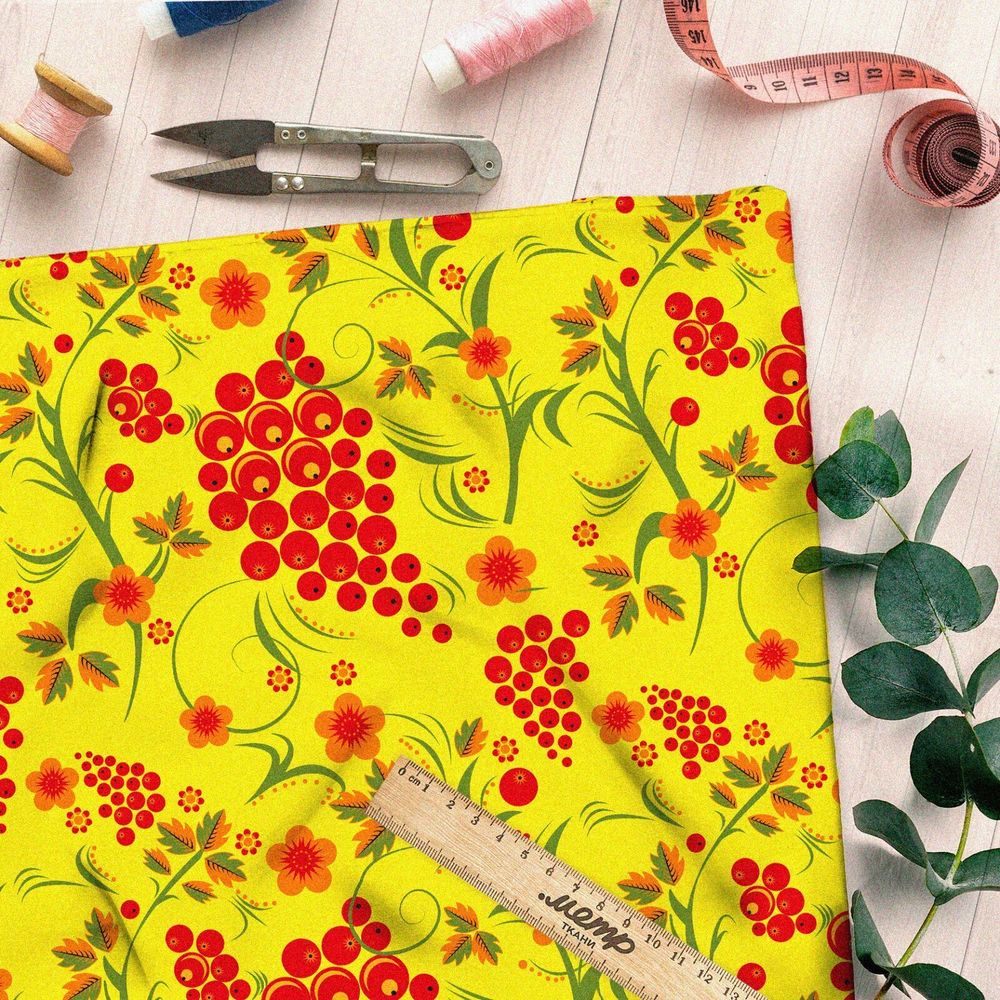 Ткань оксфорд 600 хохломские мотивы на желтом