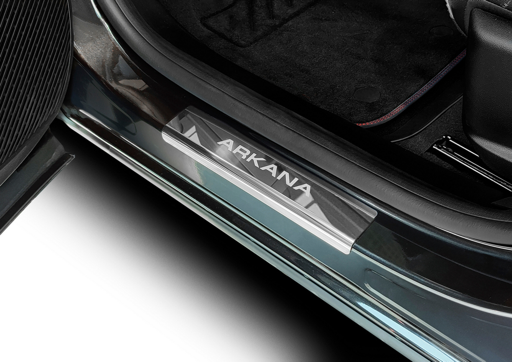 Накладки на пороги AutoMax для Renault Arkana 2019-н.в., нерж. сталь, с надписью, 2 шт., AMREARK01