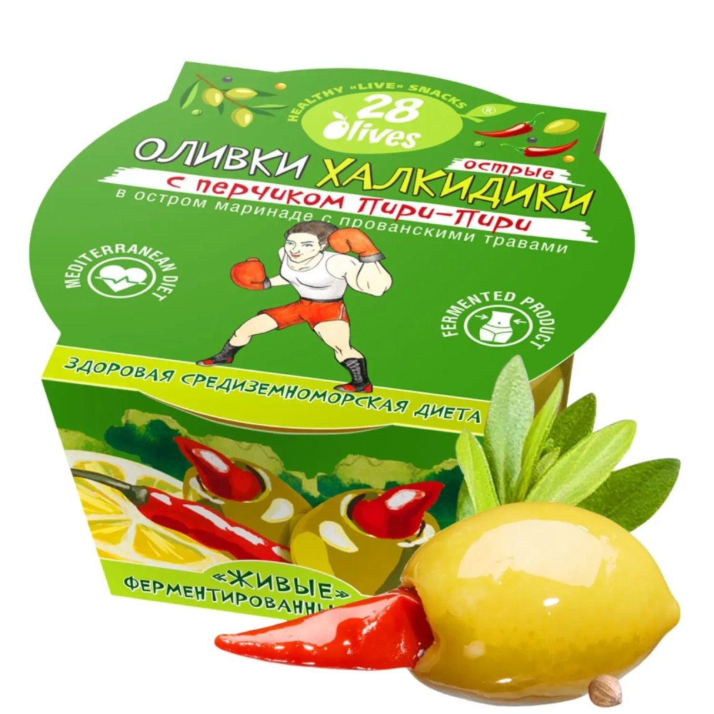 Оливки Халкидики с перчиком Пири-Пири в маринаде с прованскими травами 28Olives, 150 г, упаковка с оливкой