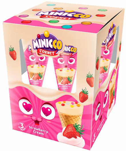 Вафельный рожок Minicco с клубничным и сливочным кремом и драже 100г
