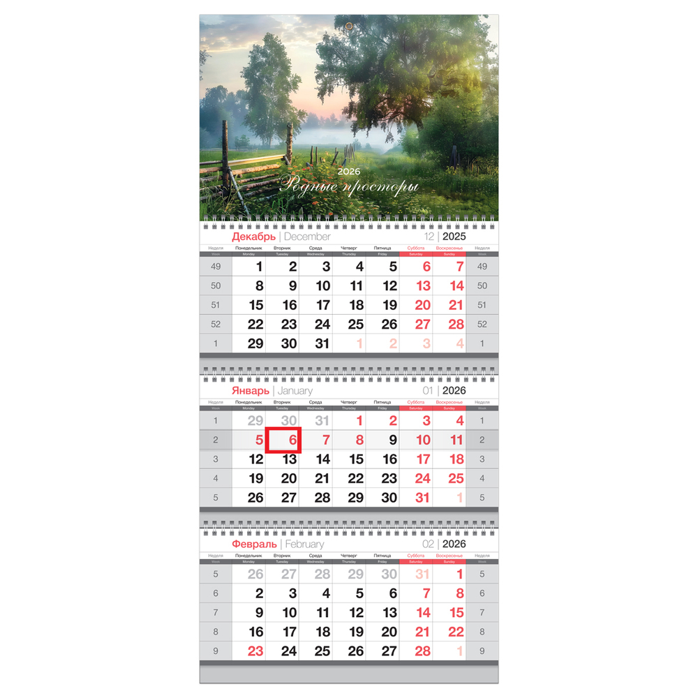 Календарь квартальный 3 бл. на 3 гр., 295*660 мм BG "Родные просторы", с бегунком, 2026г.