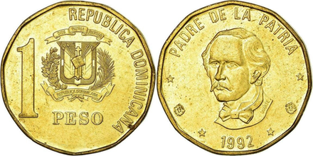 Доминикана 1 песо, 1991-1992 Хуан Пабло Дуарте XF