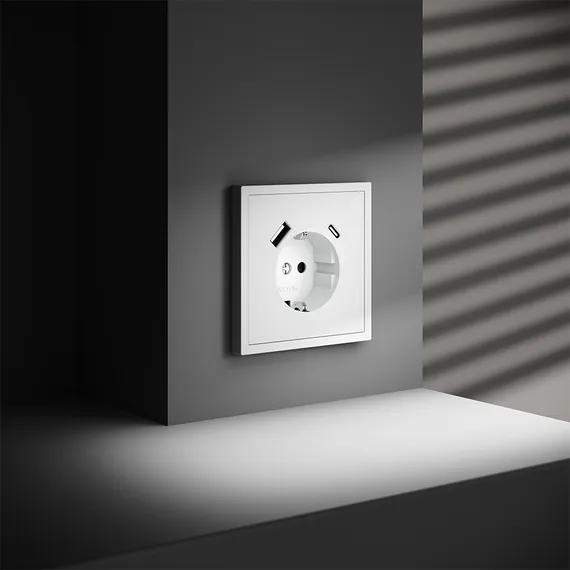 Розетка встраиваемая VOLTUM S70 с заземлением и защитными шторками, 16А, с USB, A+С, (белый матовый)