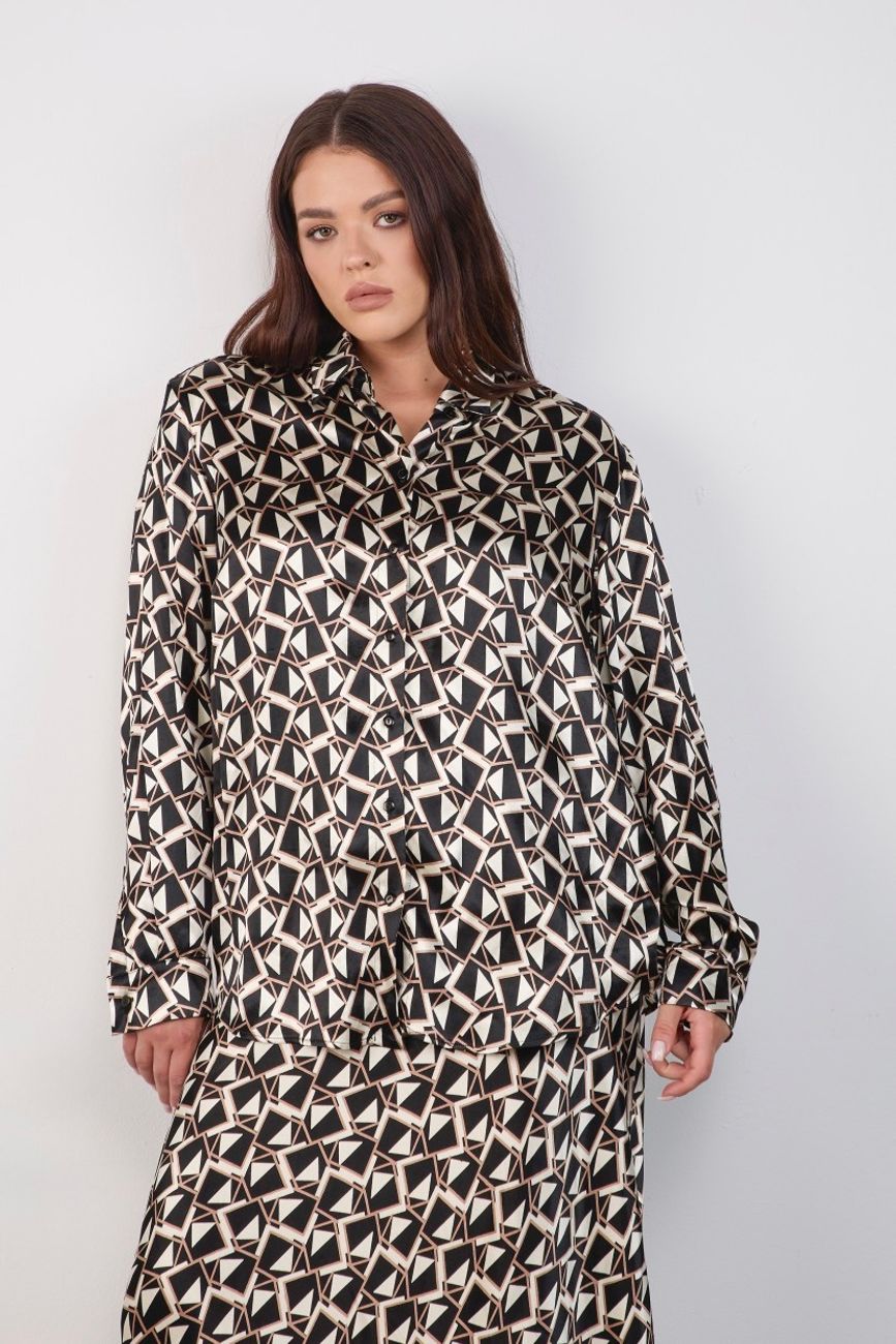 Блузка из вискозы, геометричный принт, коричневый