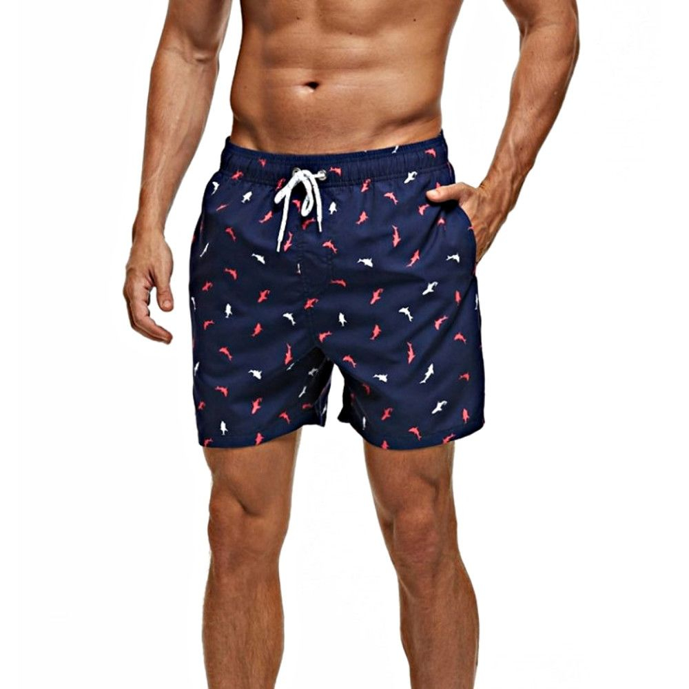Темно-синие мужские пляжные шорты с принтом в виде акул (Размер: XL) (Цвет: темно-синий)