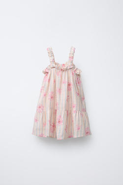 ZARA ПЛАТЬЕ С ПОЛОСКАМИ И ЦВЕТОЧНЫМ УЗОРОМ, ПЕРСИКОВЫЙ