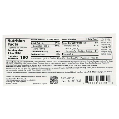 California Gold Nutrition, Foods, батончики с арахисом и кусочками тёмного шоколада, с миндалём сухого обжаривания, клетчаткой из корня цикория, гороховыми чипсами и мёдом, 12 батончиков по 40 г (1,4 унции)