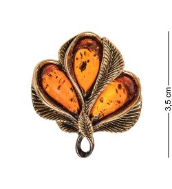 AM-2571 Брошь «Винтажный листик» (латунь, янтарь)