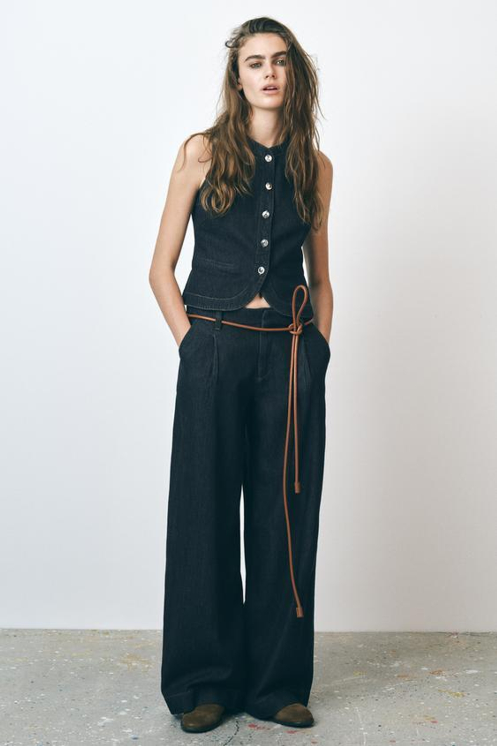 ZARA ДЖИНСЫ Z1975 WIDE LEG СО СРЕДНЕЙ ПОСАДКОЙ И ЗАЩИПАМИ, СИНИЙ