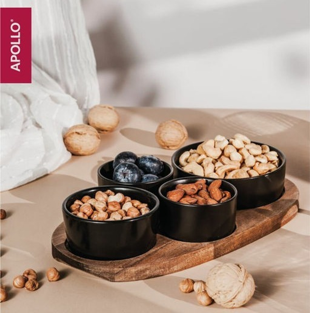 Менажница APOLLO Alturo 4шт 90мл/90мл/135мл/200мл керамика, подставка 28х16х1,5см акация