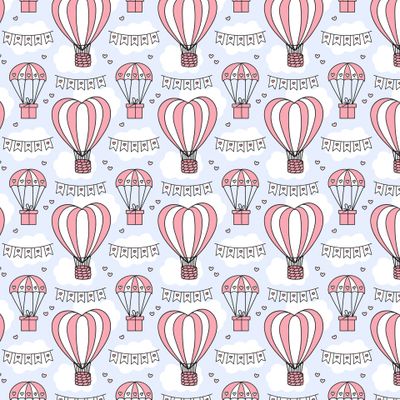 Воздушные шары-сердца и подарки на голубом (дудлы)