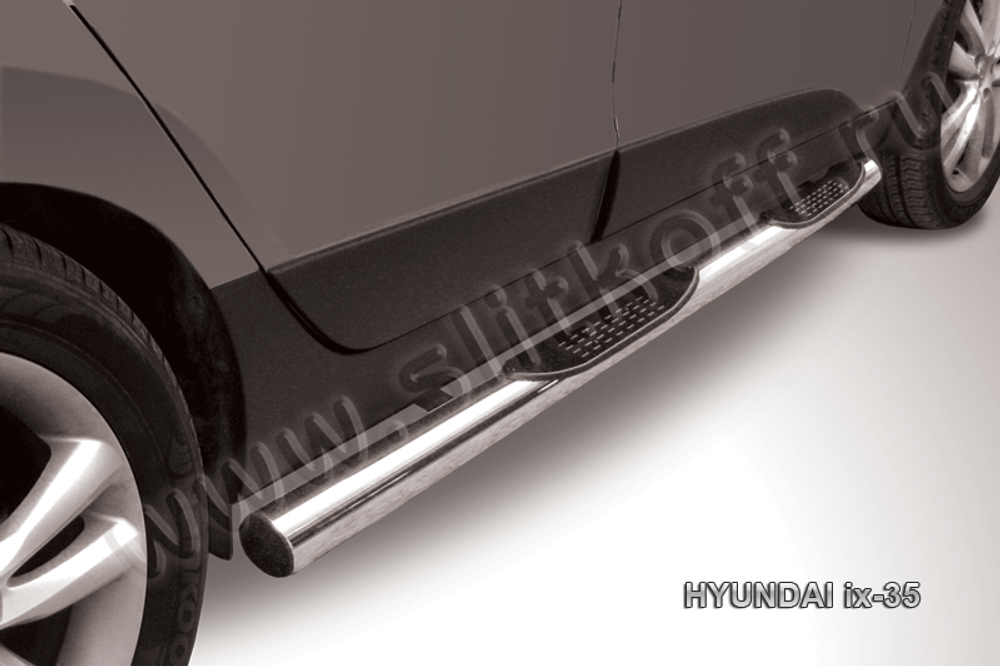 Пороги из нержавейки Hyundai ix-35 (2010-2015) d76 с проступями (черный цвет)