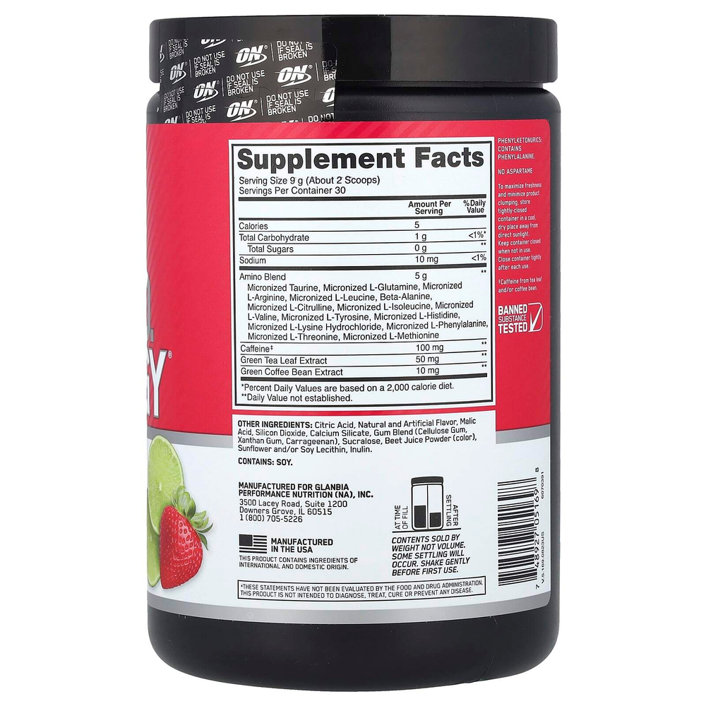 Optimum Nutrition, Essential Amin.O. Energy®, клубника и лайм, 270 г (9,5 унции)
