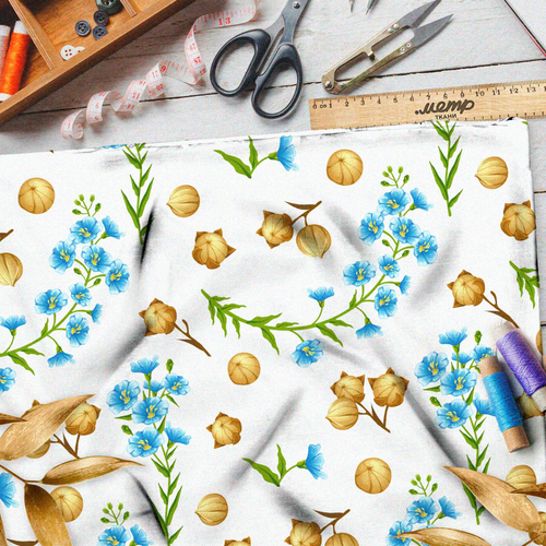 Ткань штапель фундук и синие цветы на белом фоне