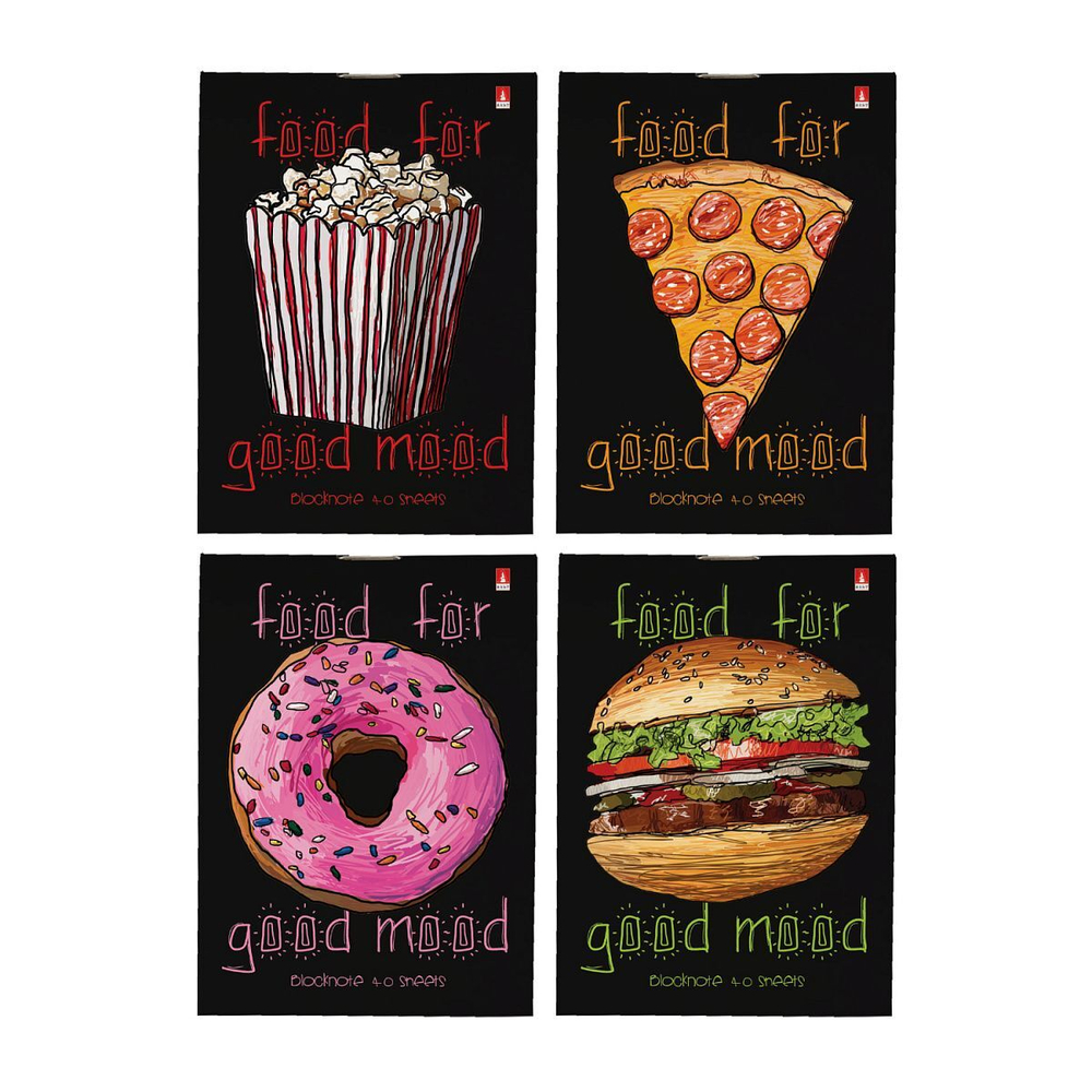 Блокнот А7 40л скоба "Food in black" клетка, ассорти