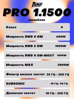 Усилитель звука автомобильный моноблок PRO 1.1500