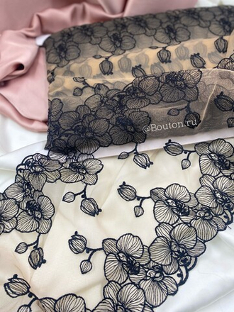 Кружево телесное с черными цветами Орхидеи 22,5 см