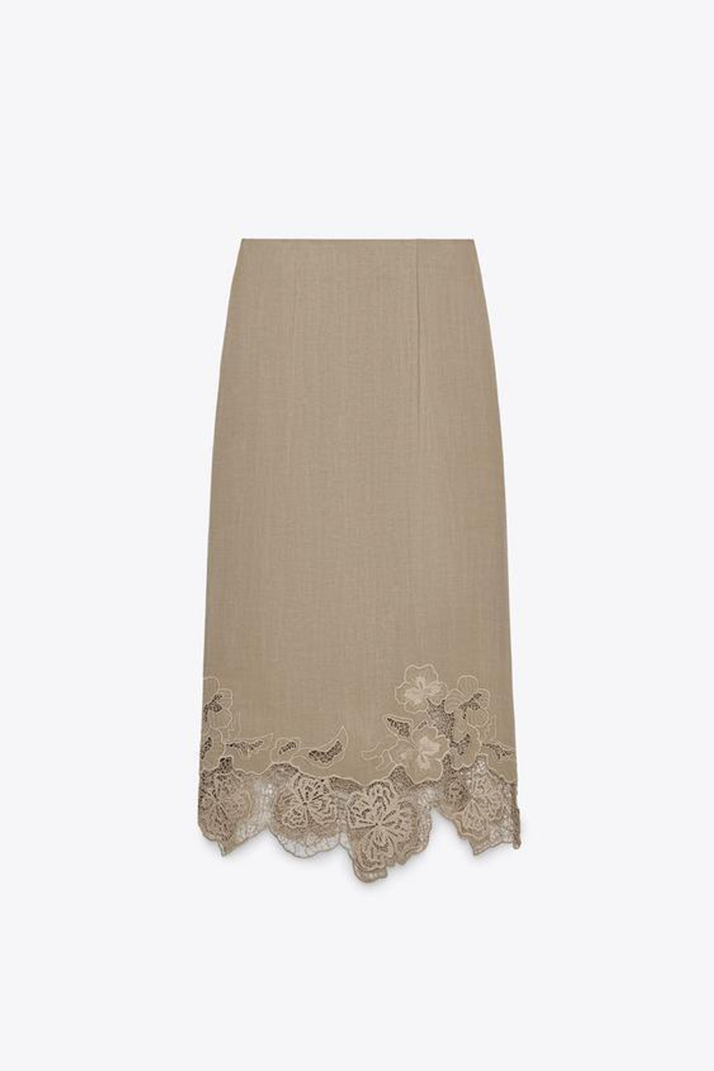 ZARA ЮБКА-СЛИП МИДИ С ВЫШИВКОЙ, СЕРО-КОРИЧНЕВЫЙ