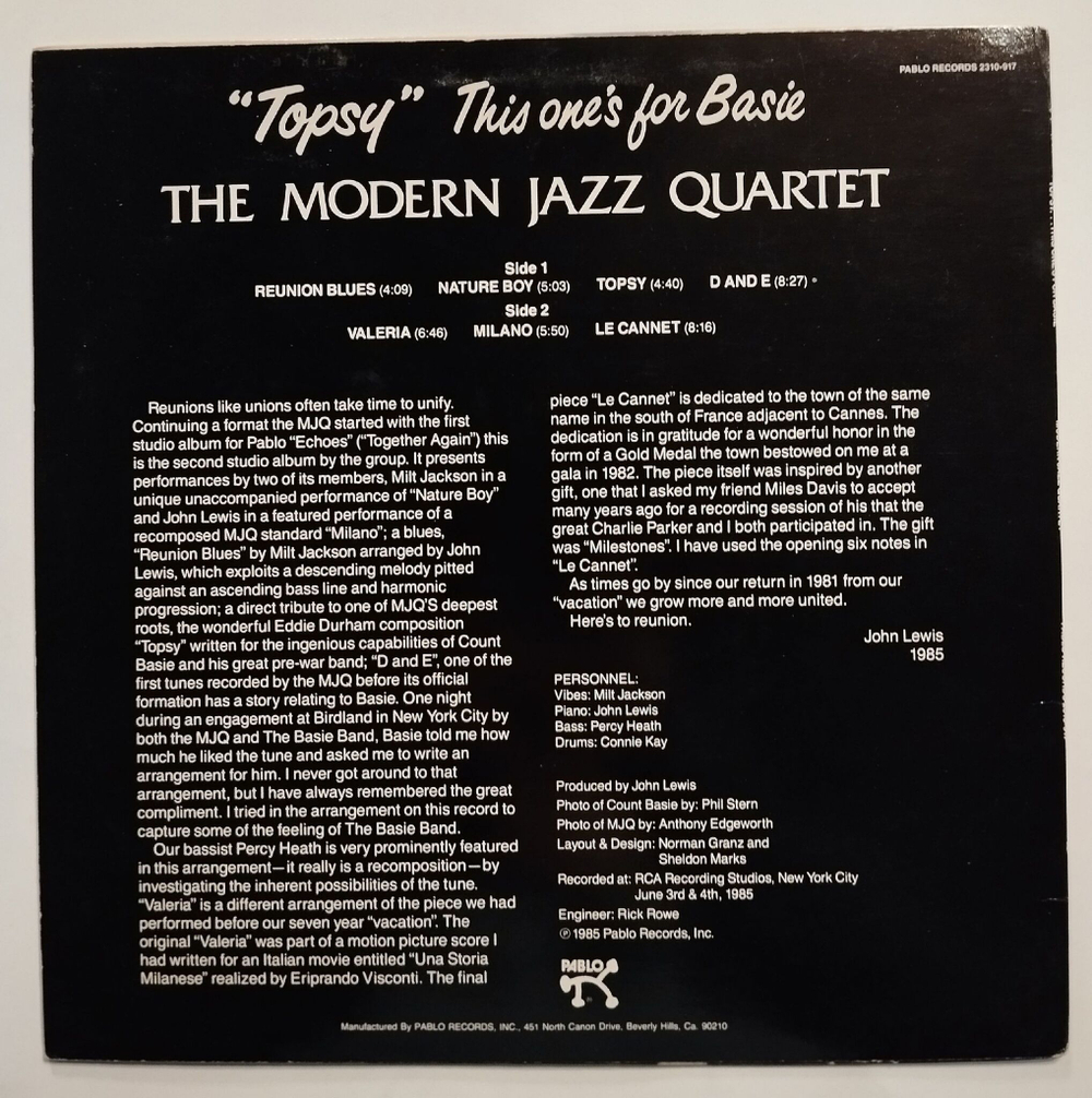 Винтажная виниловая пластинка LP The Modern Jazz Quartet Topsy This Ones For Basie (USA 1985)