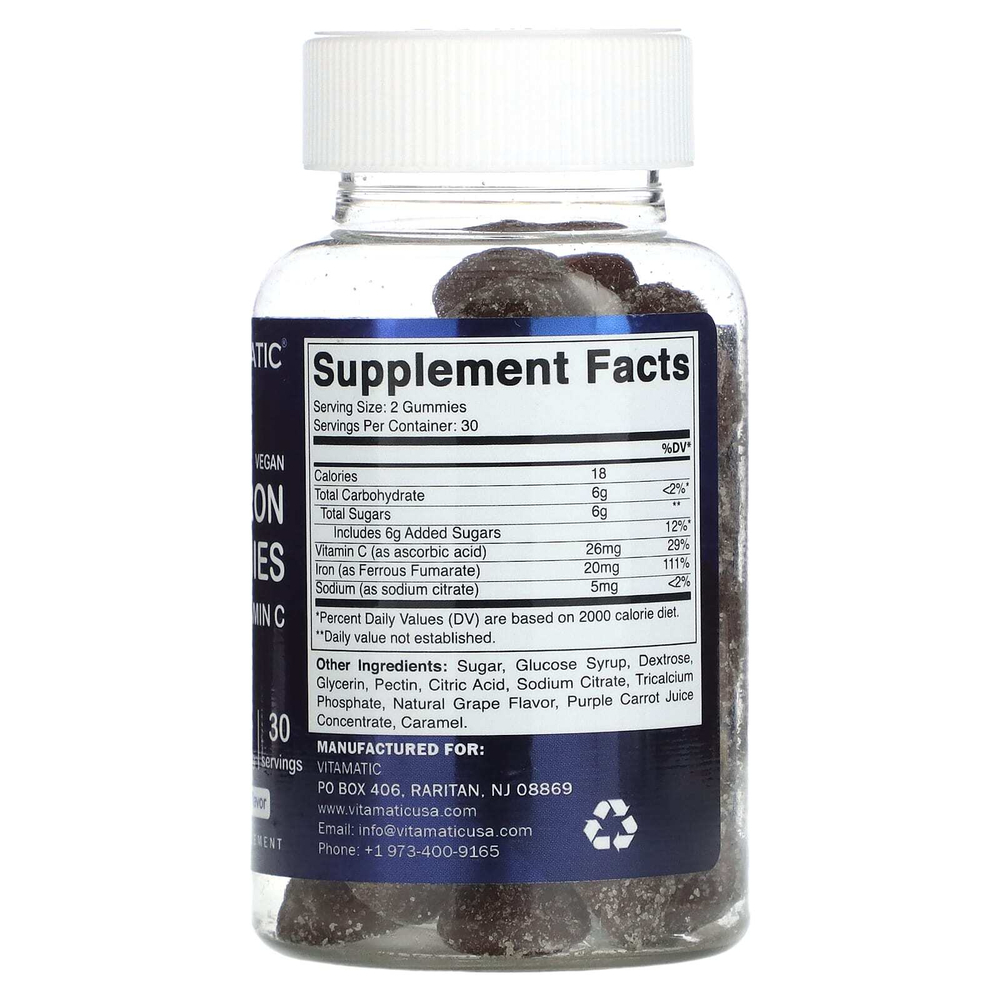 Vitamatic, веганские жевательные таблетки с железом с витамином C, со вкусом натурального винограда, 60 жевательных таблеток