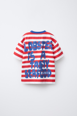 ZARA ФУТБОЛКА В ПОЛОСКУ С ПРИНТОМ, КРАСНЫЙ