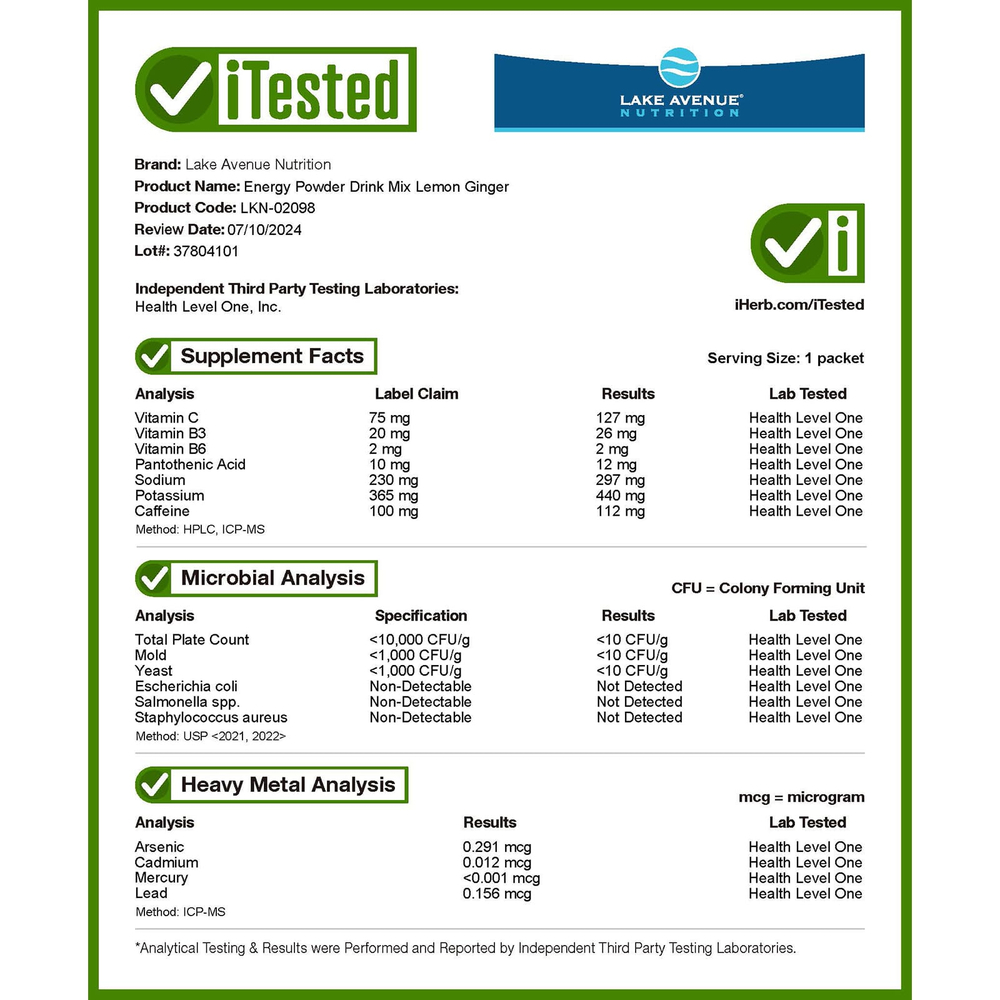 Lake Avenue Nutrition, энергетическая порошковая смесь для приготовления напитка с калием, натрием, кофеином и витамином C, лимон и имбирь, 20 пакетиков по 11,6 г (0,41 унции)