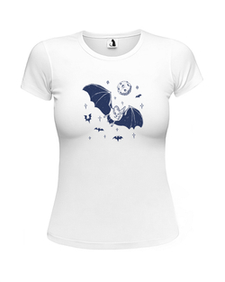 Футболка Летучая мышь женская приталенная белая с синим рисунком