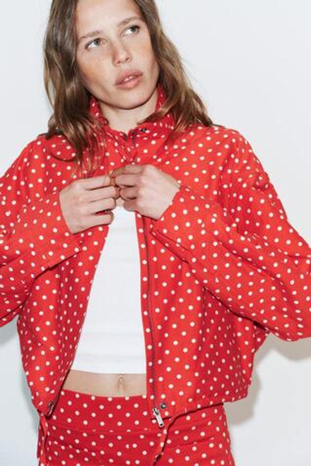 ZARA КУРТКА С РУКАВАМИ «ФОНАРИК» В ГОРОШЕК, КРАСНЫЙ/БЕЛЫЙ