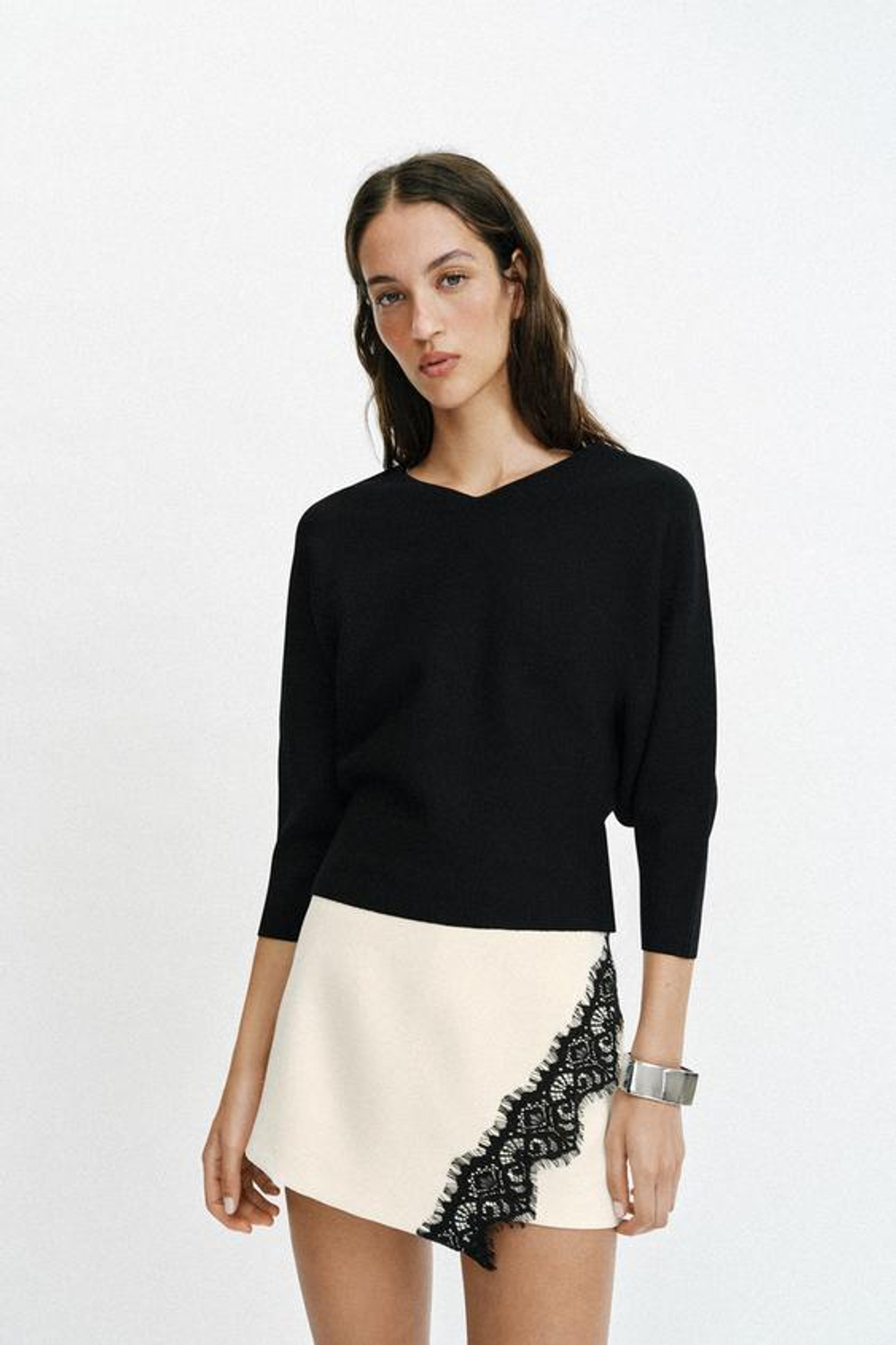 ZARA ЮБКА-ШОРТЫ С ЗАПАХОМ И КРУЖЕВОМ, ЭКРЮ