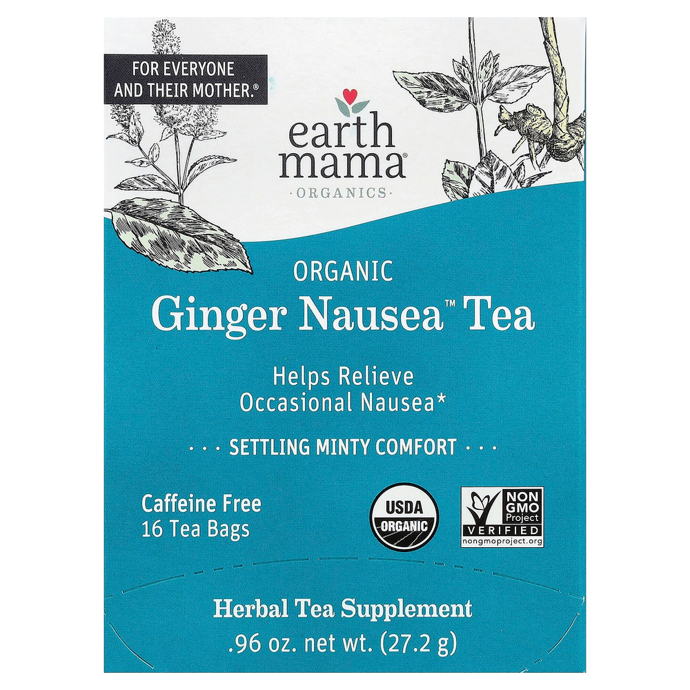 Earth Mama, Organics, органический чай Nausea™ с имбирем, успокаивающий мятный чай, без кофеина, 16 чайных пакетиков, 27,2 г (0,96 унции)