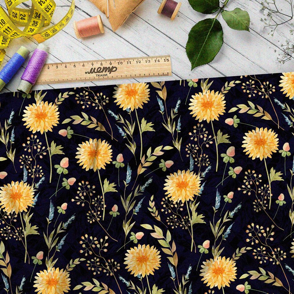 Ткань шифон солнечные одуванчики на чёрном фоне