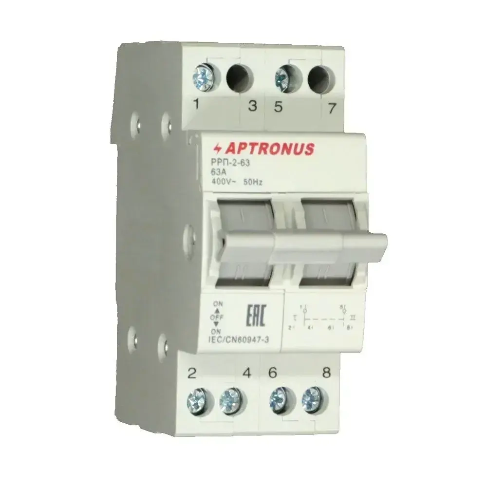 Переключатель ручной реверсивный трехпозиционный (реверсивный рубильник) РРП-2-63, APTRONUS, 2P, 63А.