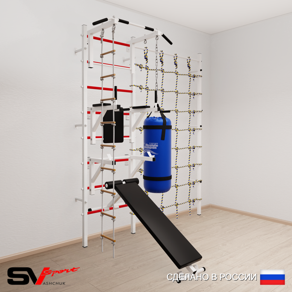 Шведская стенка Sv Sport 59220 (Турник стандарт/Брусья/Стойка/Скамья/Лестница/Цепь/Мешок 22кг/Канатный лаз)