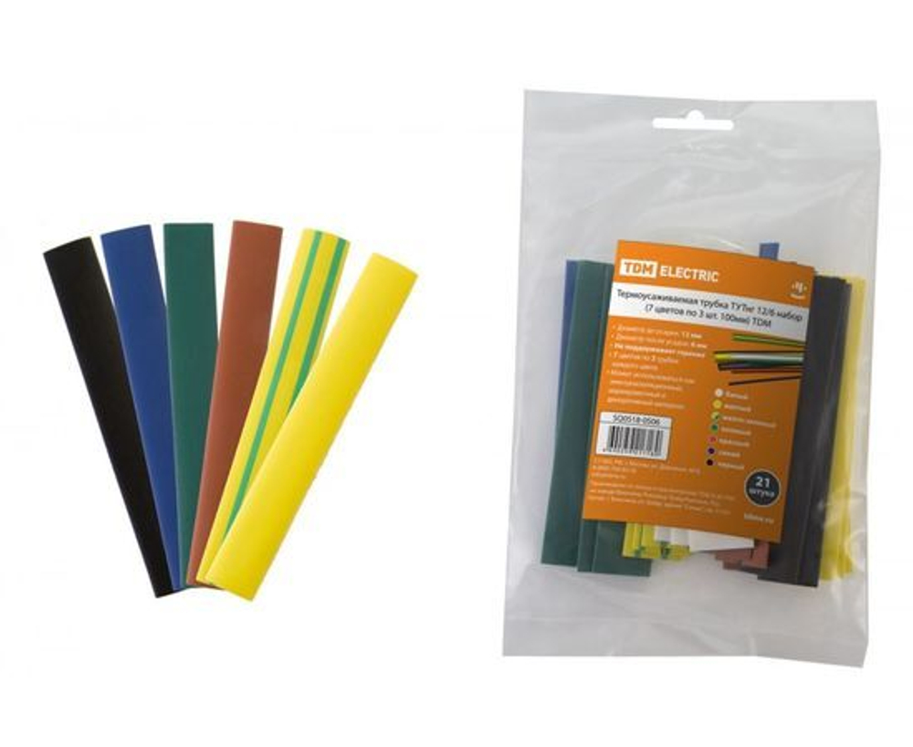 Термоусаживаемая трубка ТУТнг 12/6 набор (7 цветов по 3 шт. 100мм) TDM SQ0518-0506