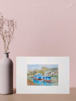 Картина авторская акварельная в паспарту 21х30 см на стену для интерьера "Пристань у кремля. Рязань"