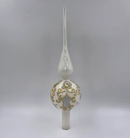 Елочная стеклянная макушка Кружевная 31 см., белая с золотом, Christmas DeLuxe (88558)