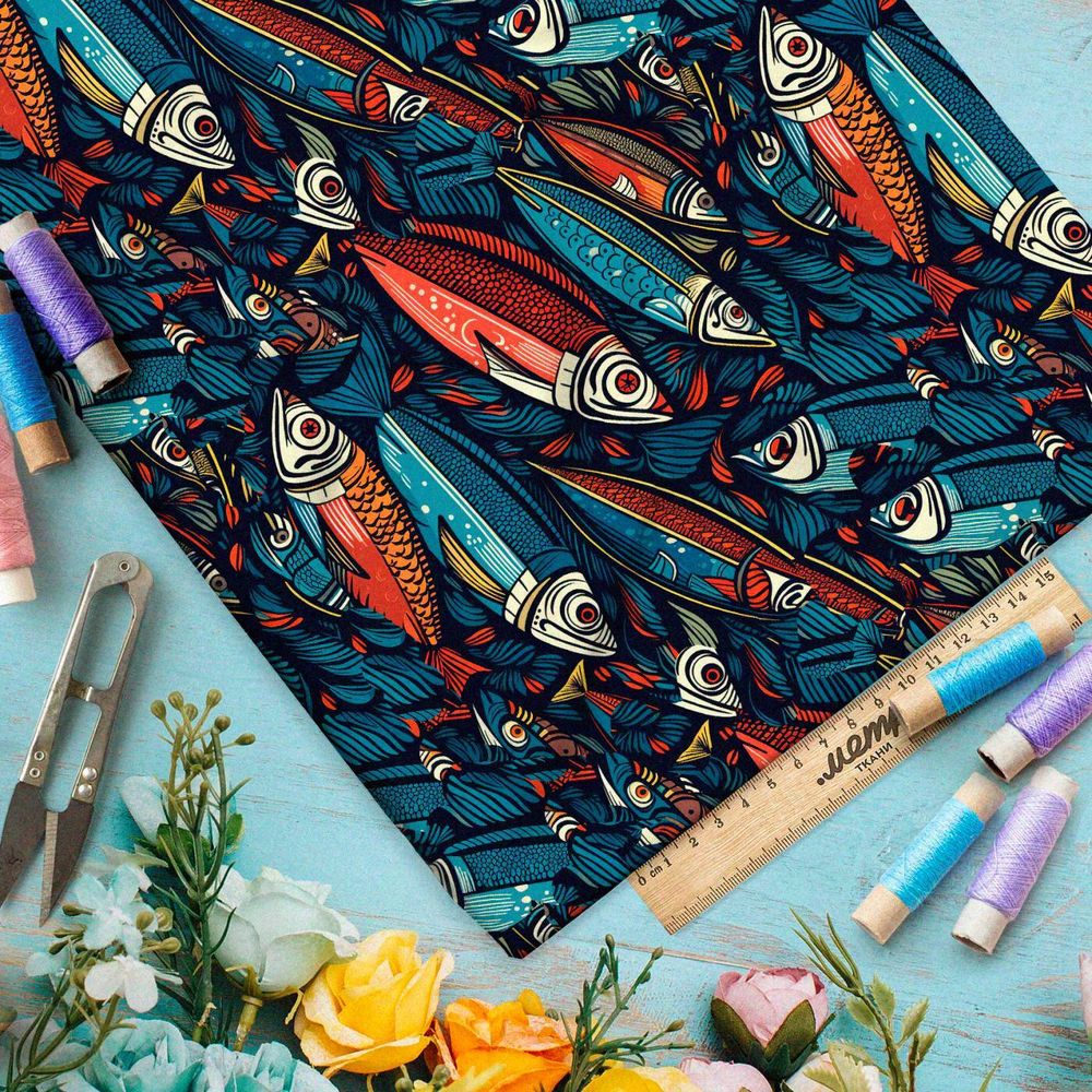 Ткань премиум флис фантазийные рыбы