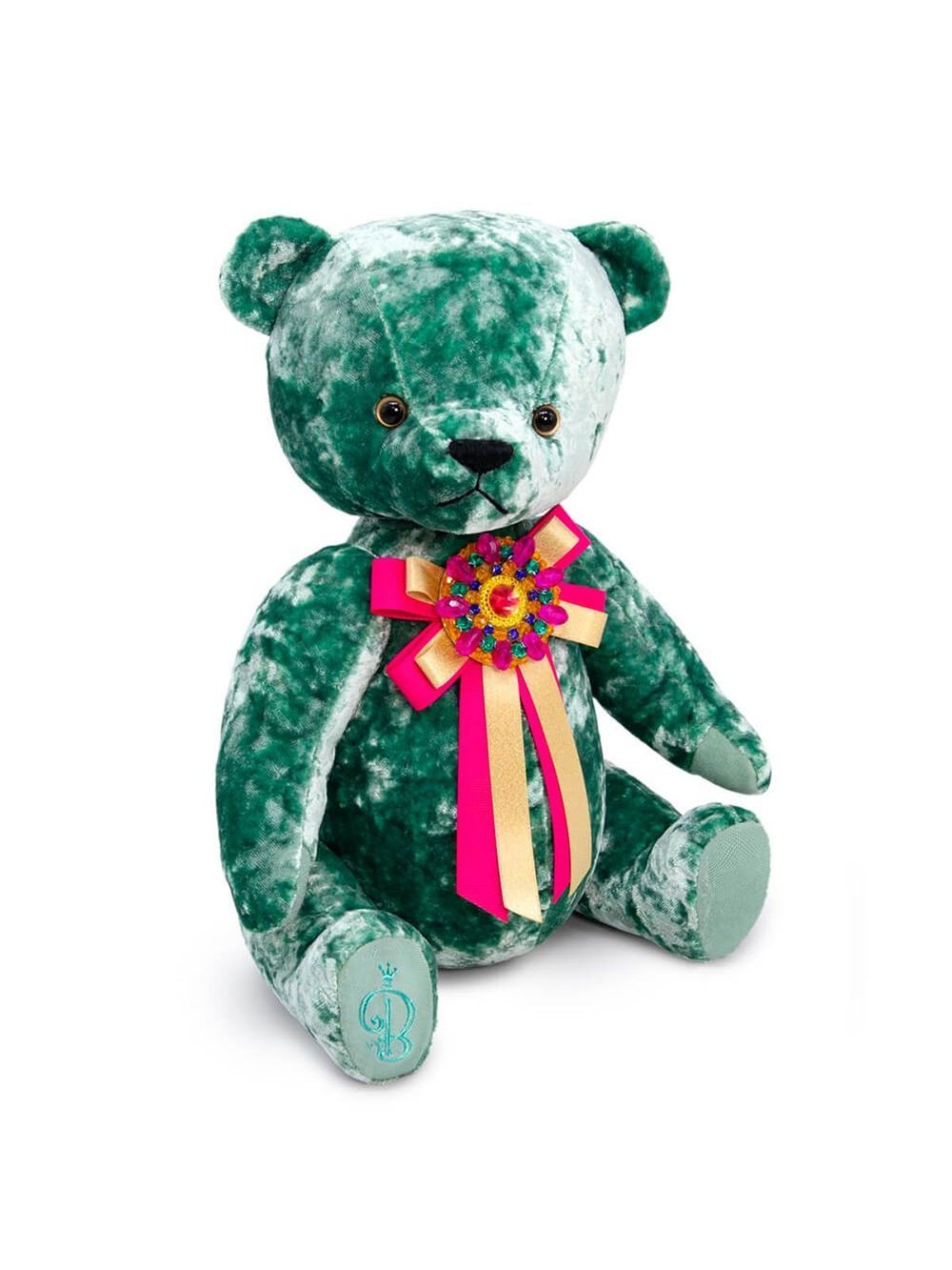 Мягкая игрушка Медведь БернАрт изумрудный с брошкой 30см