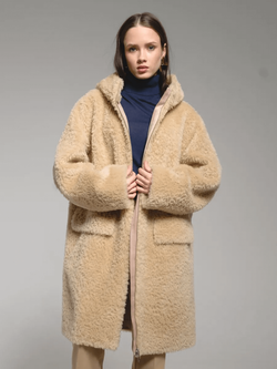 Шуба из 100% шерсти мериноса, бежевая, Severina