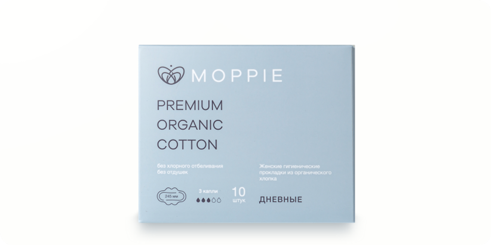 Прокладки дневные Moppie premium organic cotton 3 капли 10 штук (голубые)