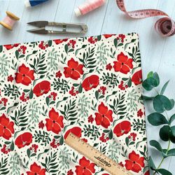 Ткань бифлекс насыщенные маки и листья на бежевом фоне