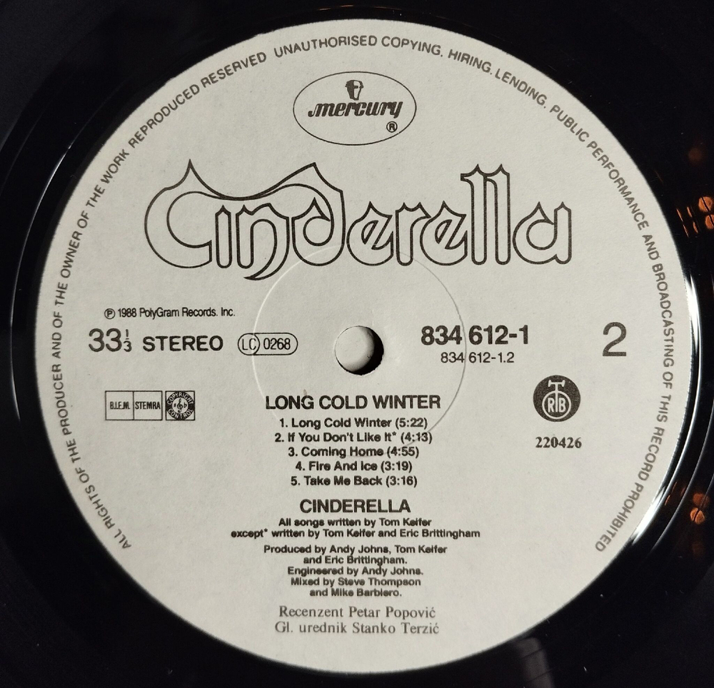 Винтажная виниловая пластинка LP Cinderella Long Cold Winter (Югославия 1988)