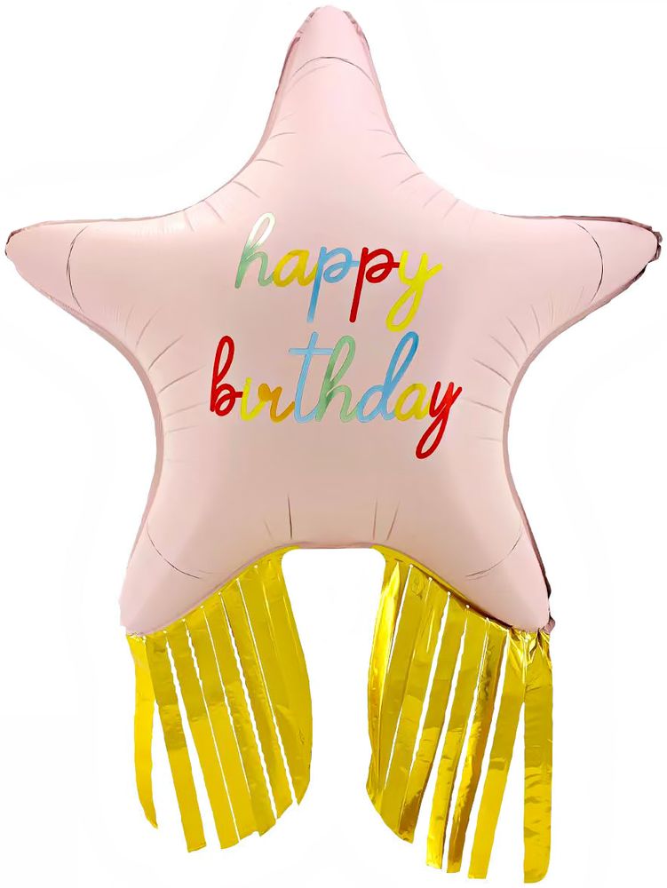 Шар (38''/97 см) Фигура, Звезда, Happy Birthday, Золотой каскад, 1 шт.