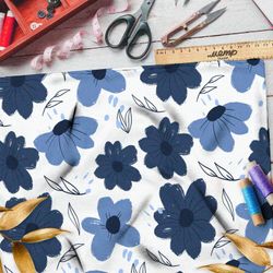 Ткань кулирная гладь простые синие цветы на белом фоне